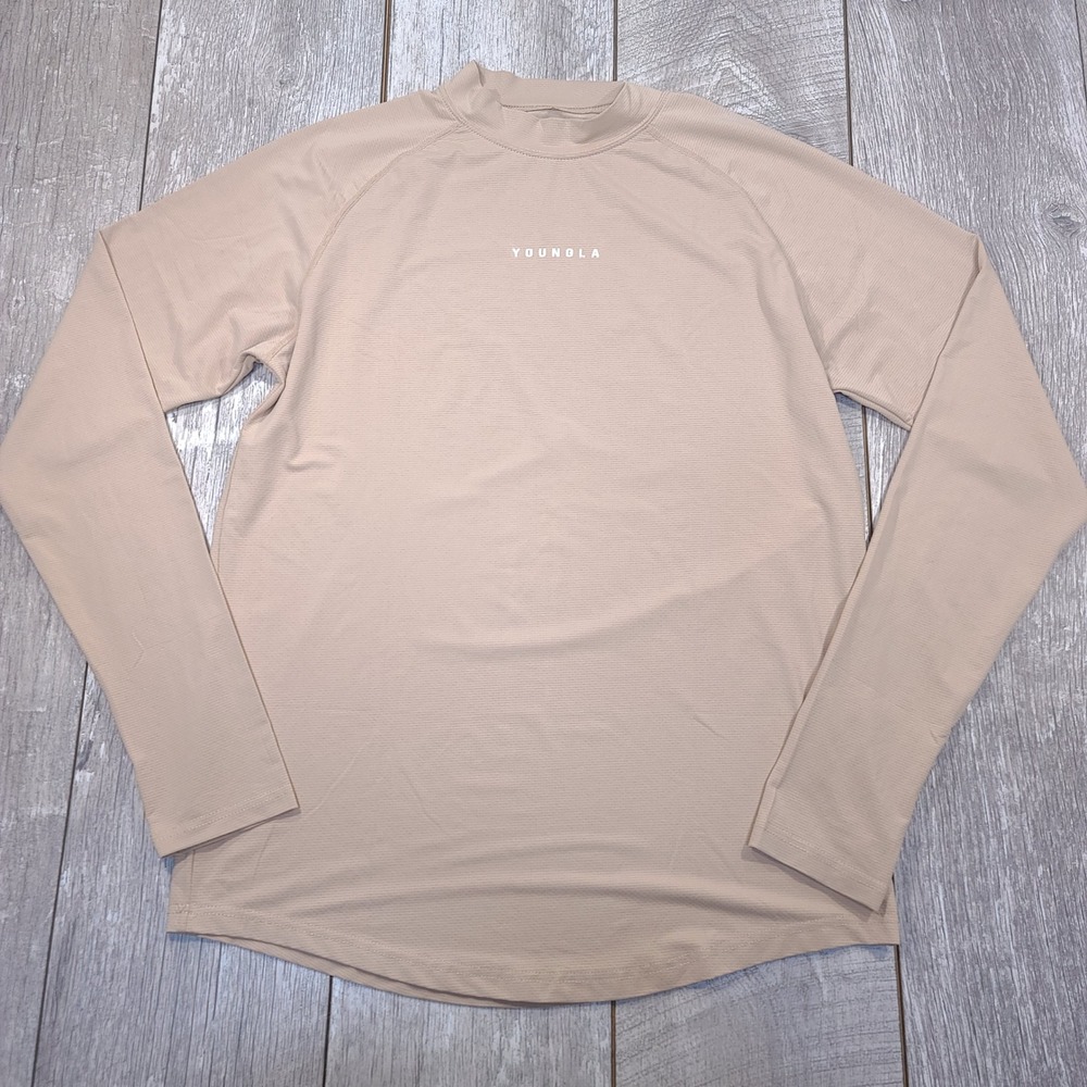 Youngla Shirt Mens Medium Tan Long Sleeve Mock Neck Athletic Training 808